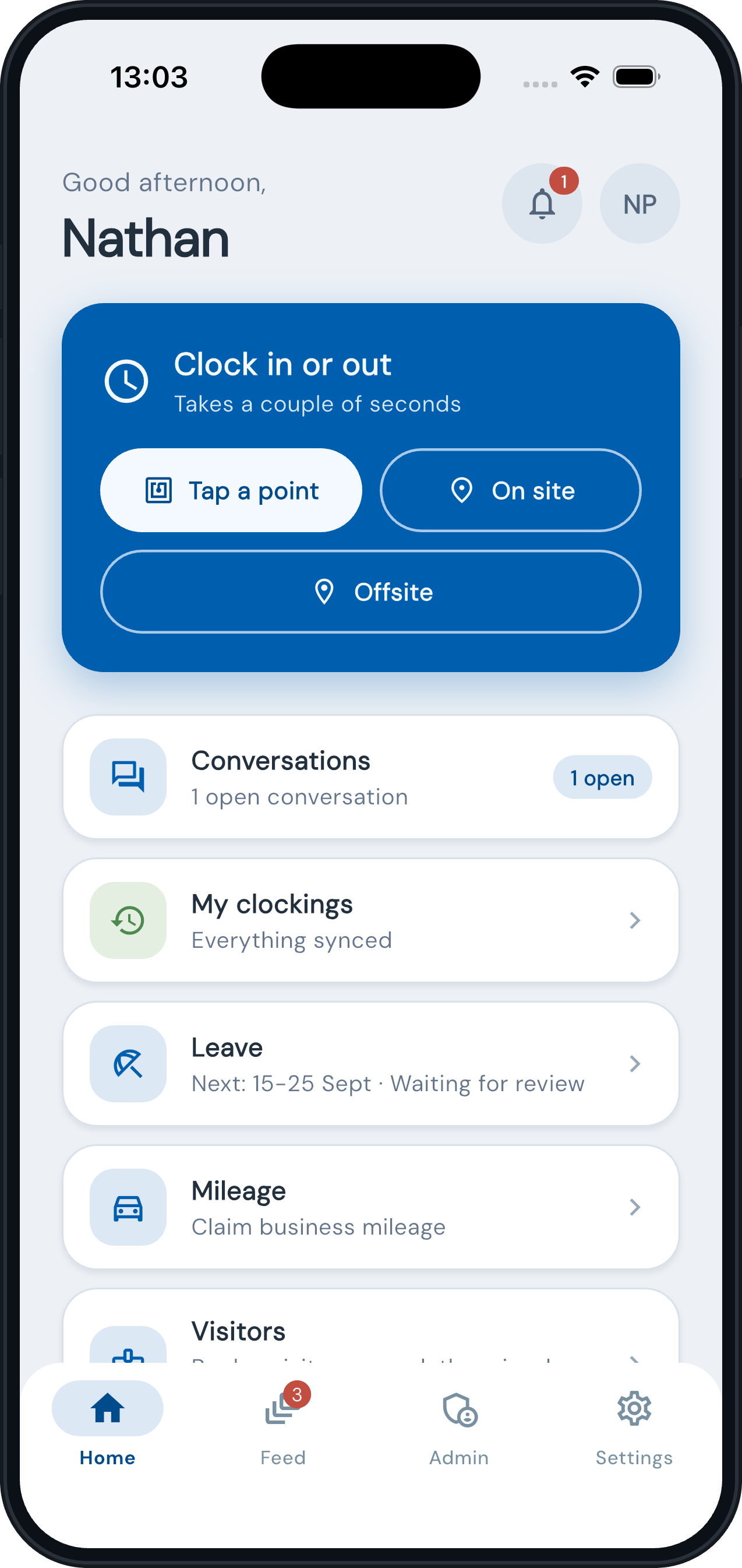 Employee app home: clock in or out, conversations, leave, mileage, visitors