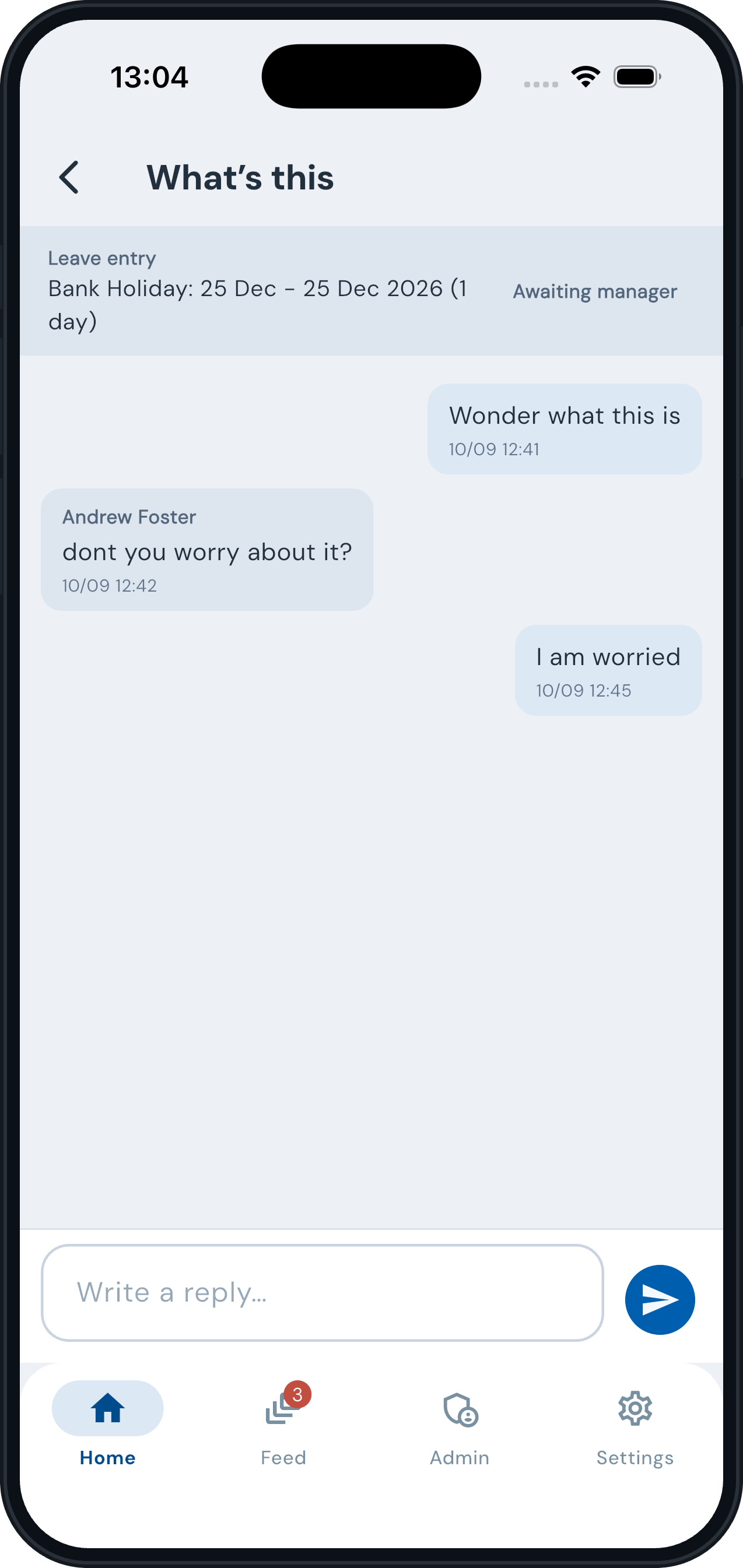 Employee app conversation about a leave entry, awaiting manager