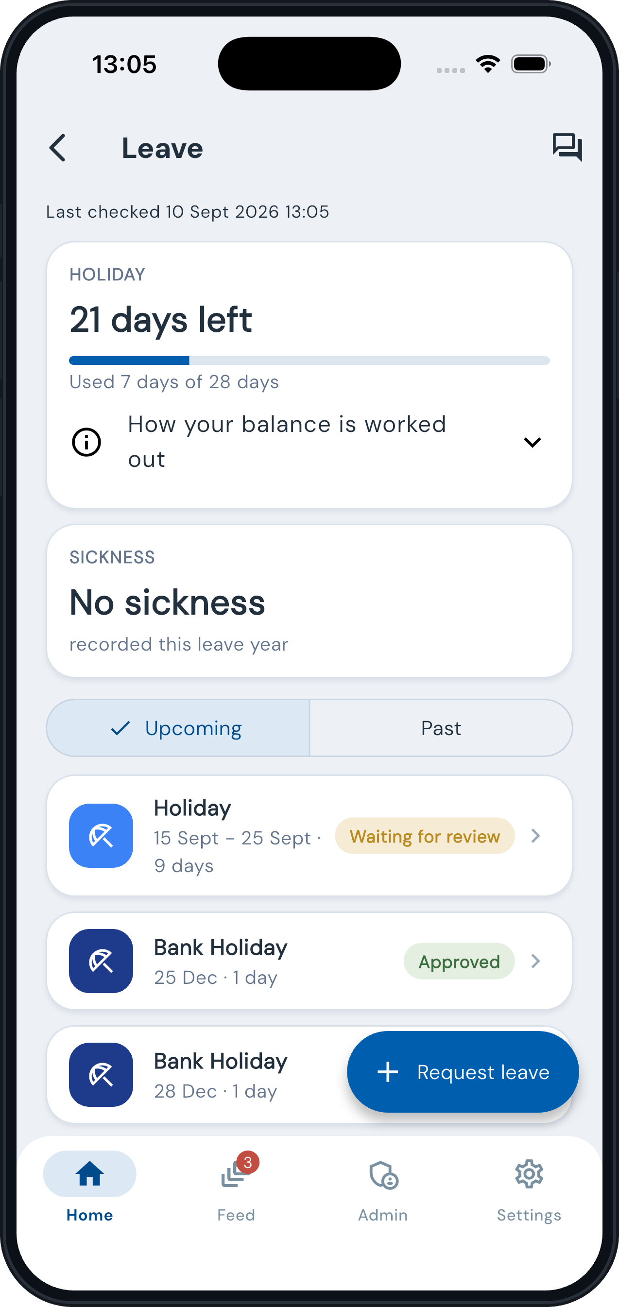 Employee app leave: balance and upcoming requests
