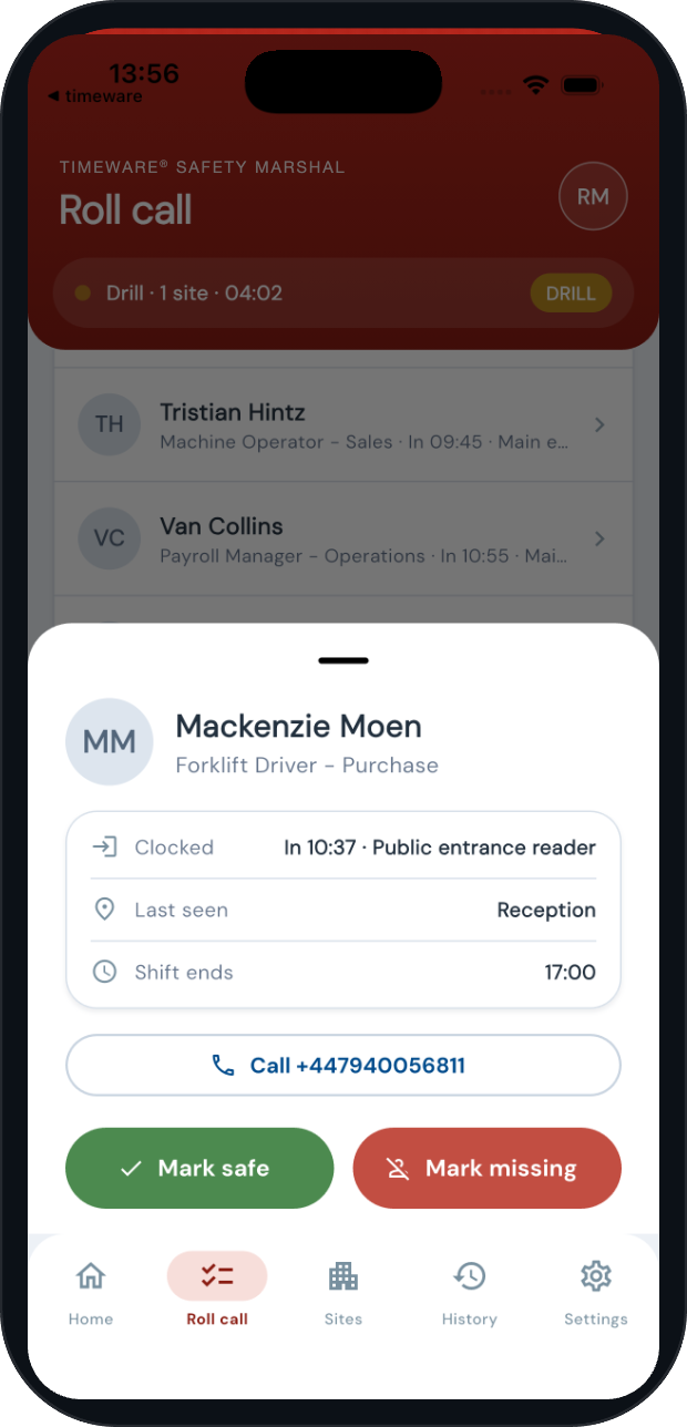 timeware® Safety Marshal, person sheet: clocked in at the public entrance reader, last seen in reception, shift ends 17:00, call, mark safe or mark missing