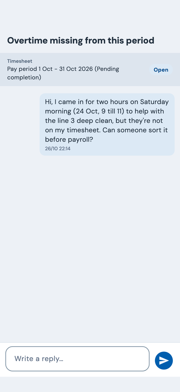 The employee app: Kyle's question about two hours on Saturday 24 October, sent from his October timesheet