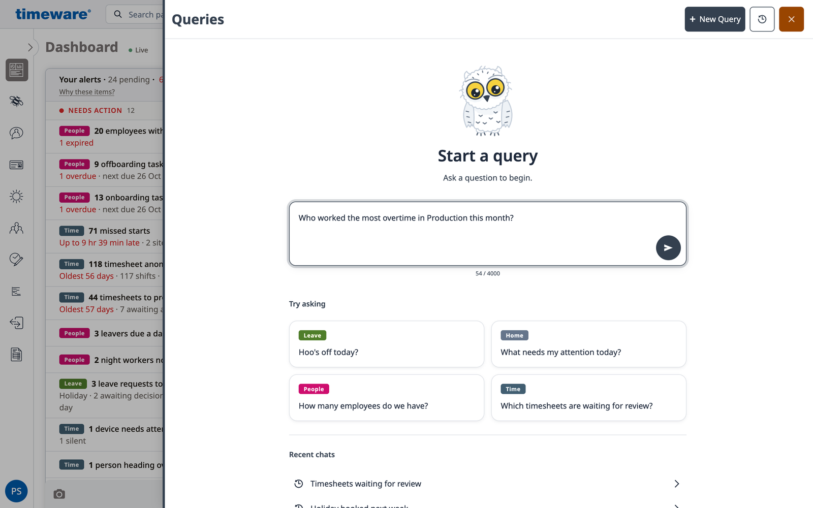 The Queries panel open over the dashboard, with the question typed: who worked the most overtime in Production this month?