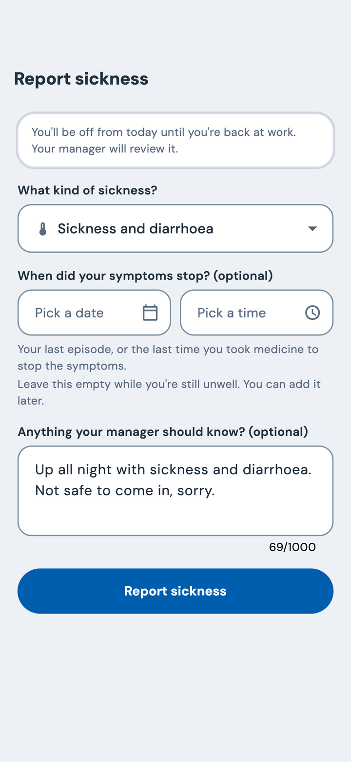 The employee app's Report sickness screen: Jade chooses Sickness and diarrhoea and adds a note for her manager