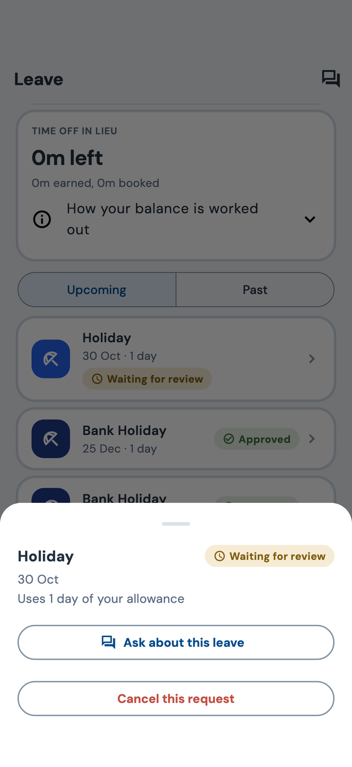 The employee app: Megan's Holiday request for Friday 30 October, waiting for review, using one day of her allowance