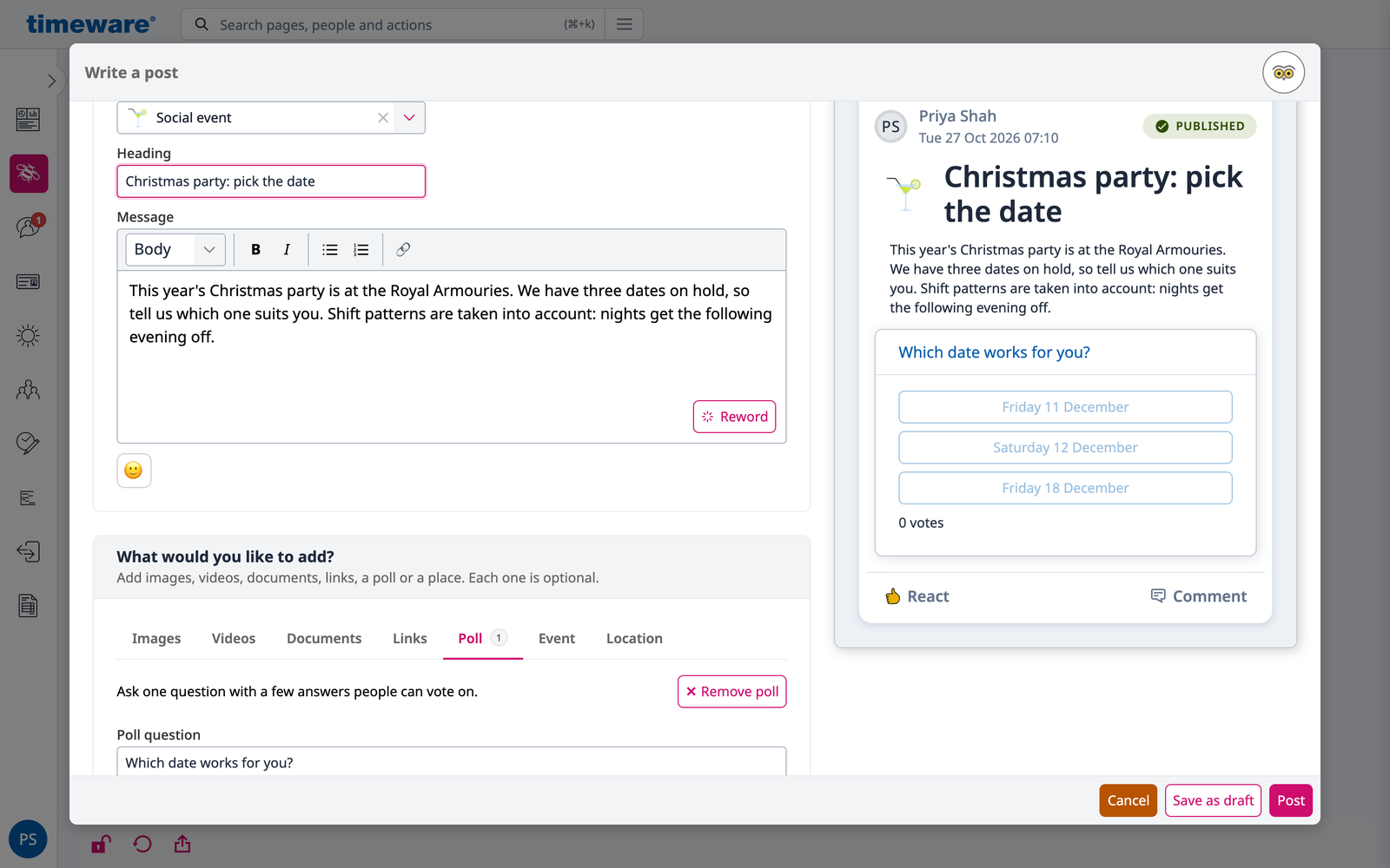 The Write a post window: a social event called Christmas party: pick the date, with a poll of three dates and a preview of how it looks in the app