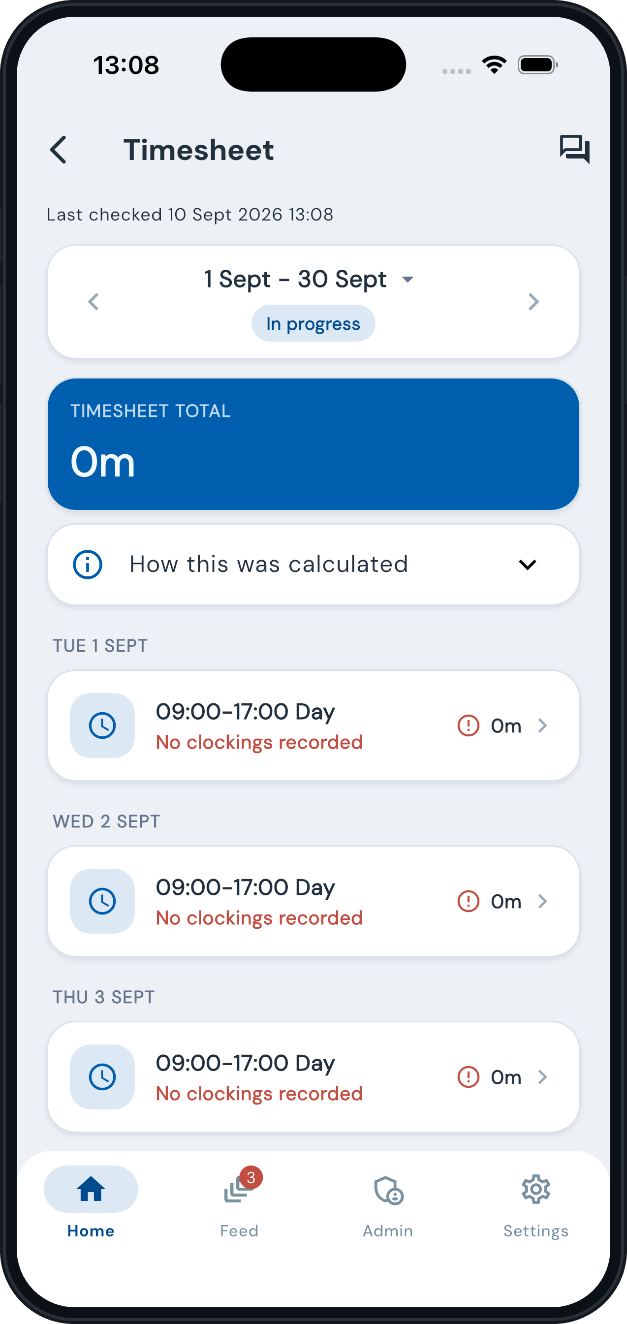 Employee app timesheet with daily totals