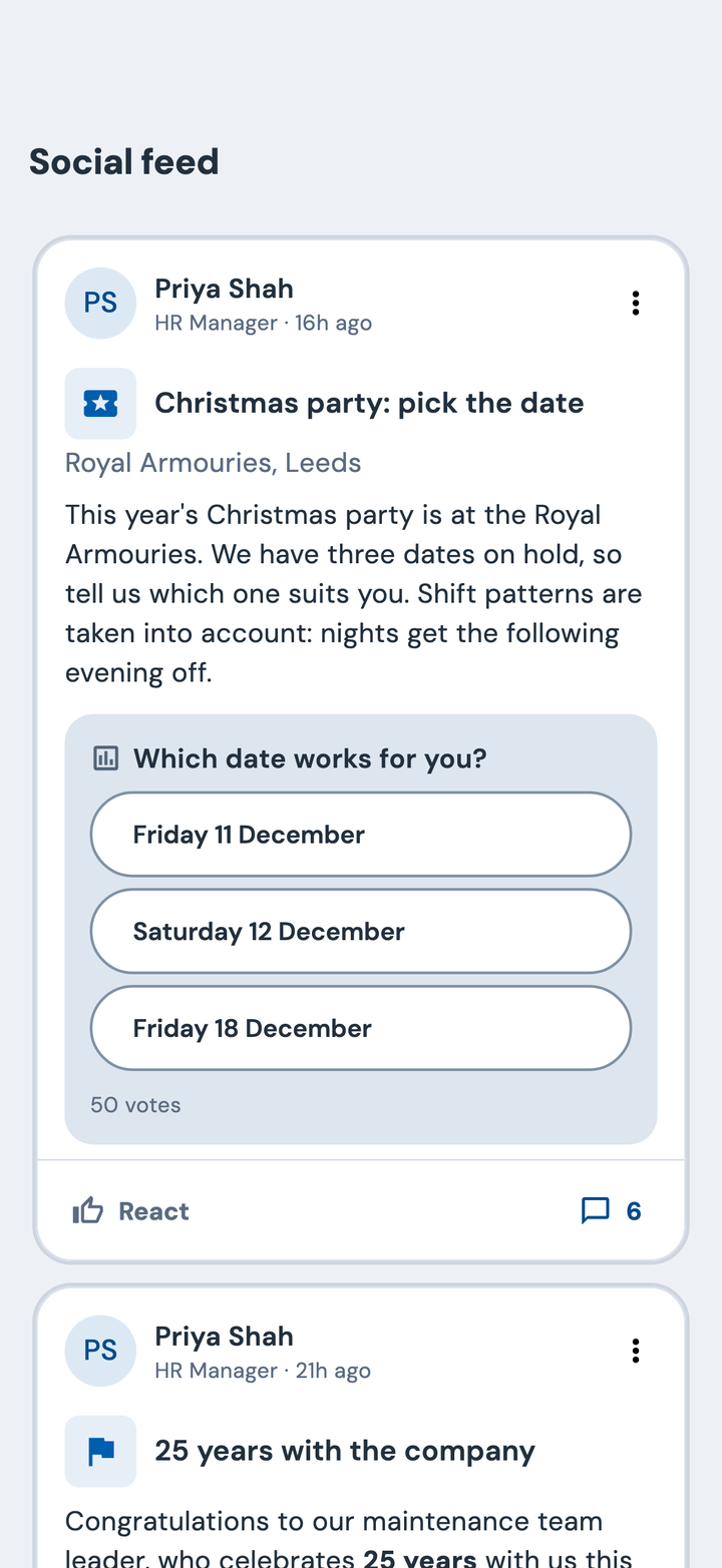 The employee app's feed: Priya's Christmas party poll with three dates to vote on and 50 votes so far