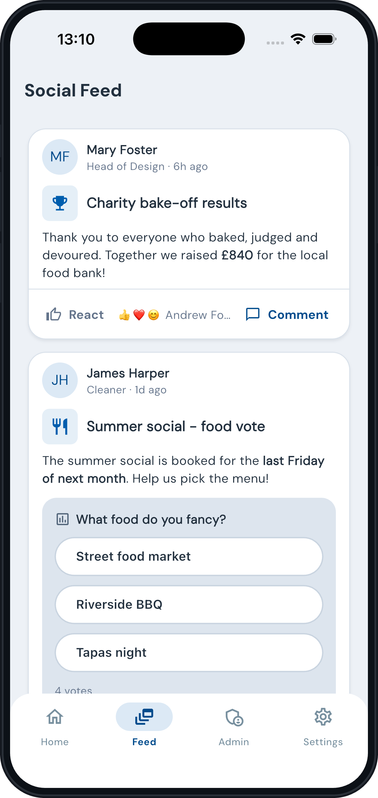 Employee app social feed: post with reactions and a poll