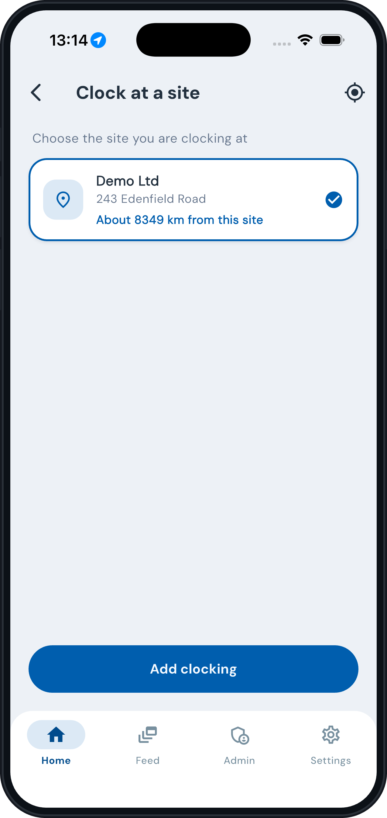 Employee app: clock at a site with distance check