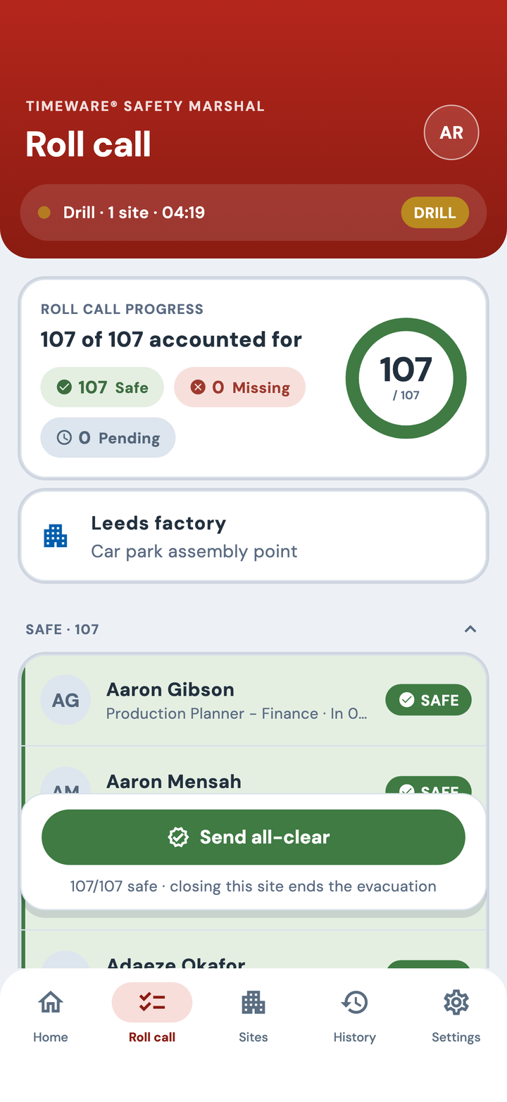 The Safety Marshal app with all 107 people safe and the Send all-clear button