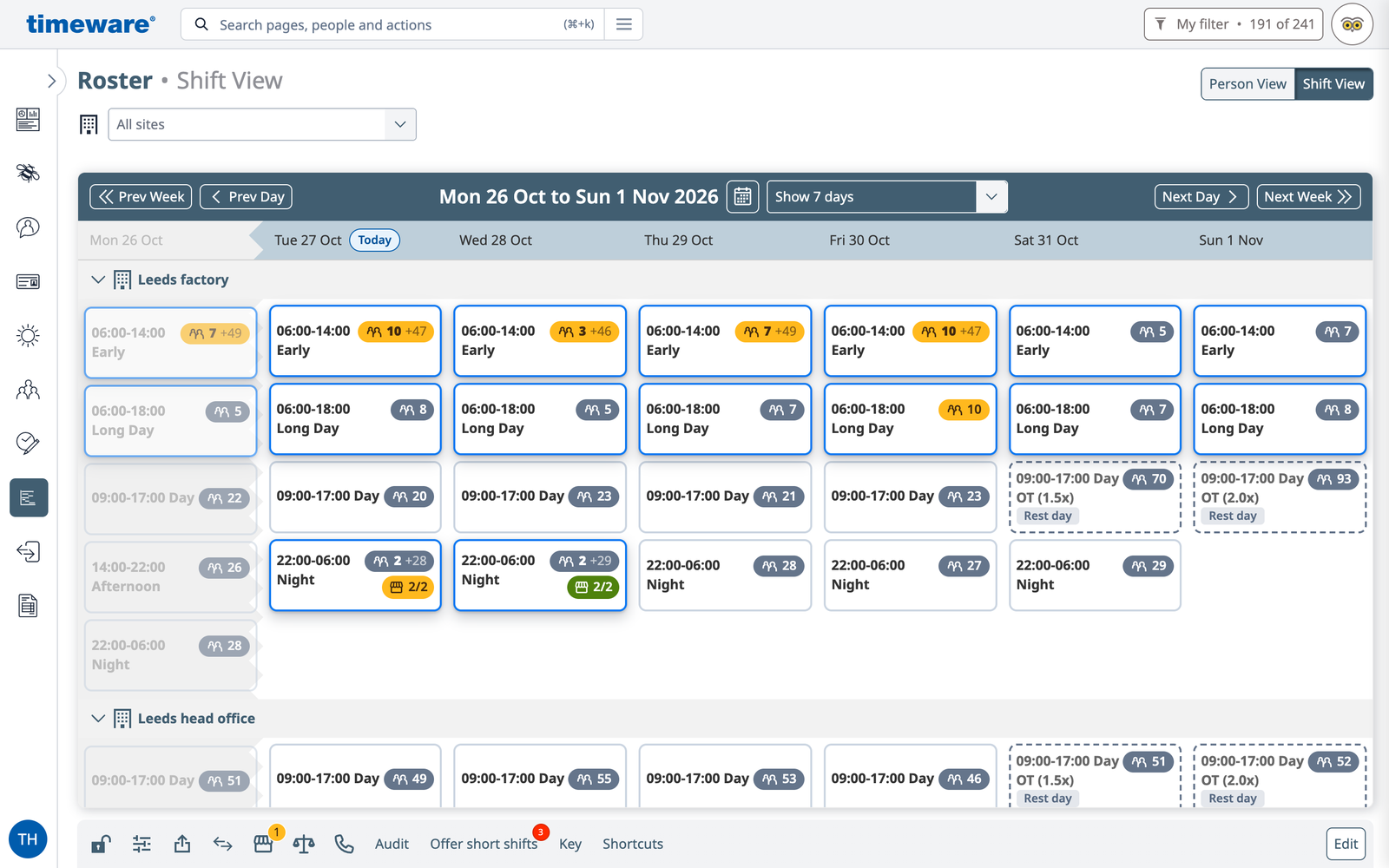 The roster's shift view: Wednesday's night shift now shows 2 rostered plus 29 and a green marketplace badge, 2 of 2 places filled