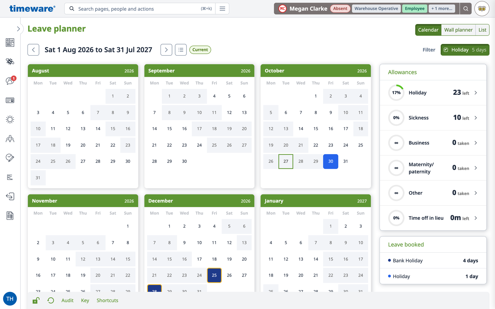 Megan's leave planner: Friday 30 October approved, with 23 days of holiday left this year