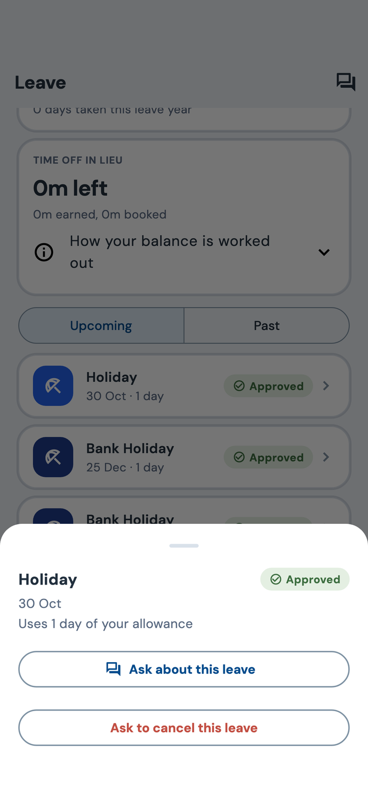 The employee app: Megan's Friday 30 October holiday, approved